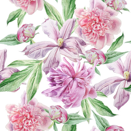 Seamless pattern with spring flowers. Peony. Clematis. Watercolor.の写真素材