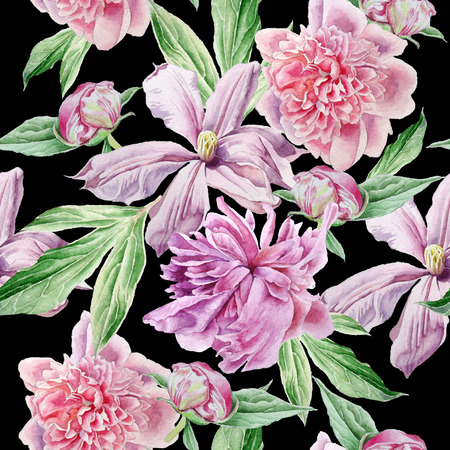 Seamless pattern with spring flowers. Peony. Clematis. Watercolor.の写真素材