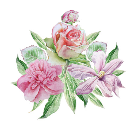 Vintage card with spring flowers. Rose. Peony. Clematis. Watercolor.の写真素材