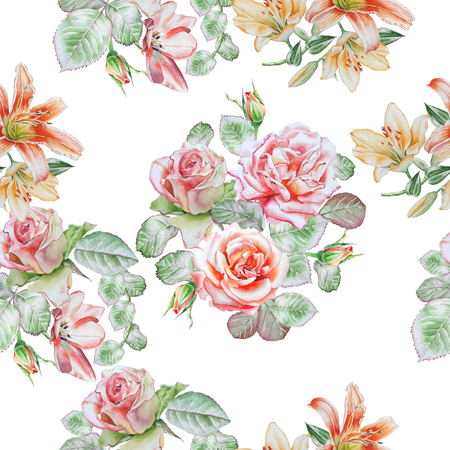 Seamless pattern with spring flowers. Rose. Tulip. Lilia.  Watercolor.の写真素材