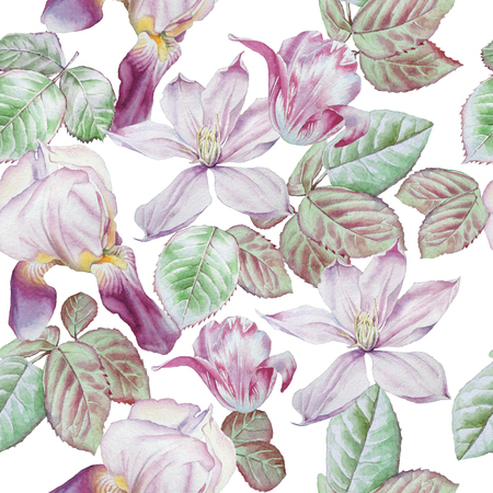 Seamless pattern with spring flowers.  Clematis. Tulip.  Iris. Watercolor.の写真素材