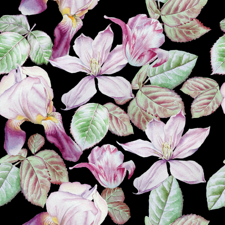 Seamless pattern with spring flowers.  Clematis. Tulip.  Iris. Watercolor.の写真素材