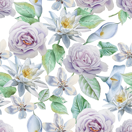 Seamless pattern with flowers. Rose. Lily. Watercolor illustration.の写真素材