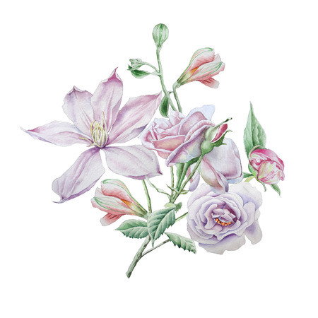 Floral card with flowers. Clematis. Rose. Alstroemeria. Watercolor illustration.の写真素材