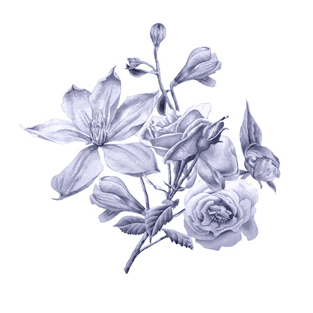 Floral card with flowers. Clematis. Rose. Alstroemeria. Watercolor illustration.の写真素材