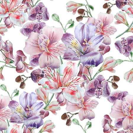 Seamless pattern with flowers. Alstroemeria. Watercolor illustration.の写真素材