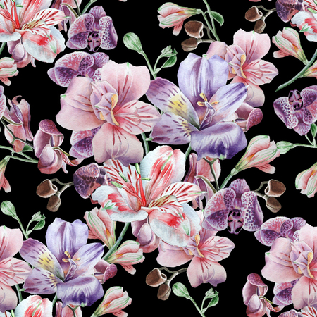 Seamless pattern with flowers. Alstroemeria. Watercolor illustration.の写真素材