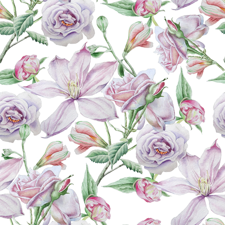 Seamless pattern with flowers. Clematis. Rose. Alstroemeria. Watercolor illustration.の写真素材