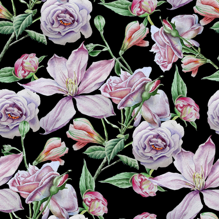 Seamless pattern with flowers. Clematis. Rose. Alstroemeria. Watercolor illustration.の写真素材