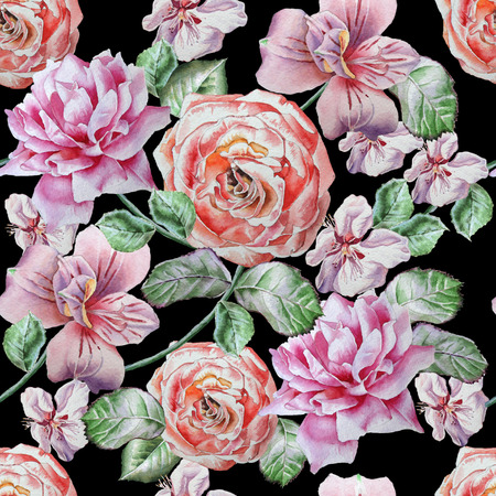 Seamless pattern with flowers. Alstroemeria. Rose. Watercolor illustration.の写真素材