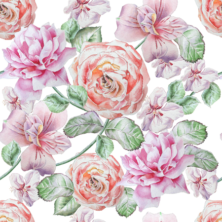 Seamless pattern with flowers. Alstroemeria. Rose. Watercolor illustration.の写真素材