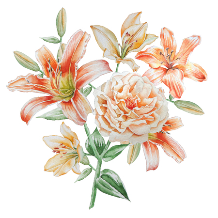 Floral card with flowers. Rose. Lily. Watercolor illustration.の写真素材