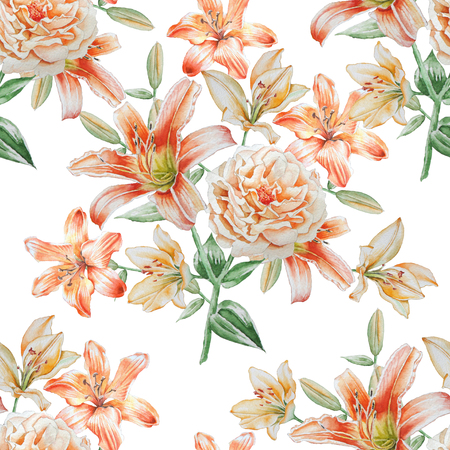 Seamless pattern with flowers. Rose. Lily. Watercolor illustration.の写真素材