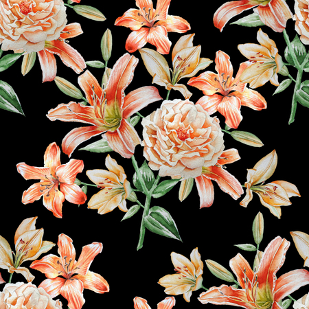 Seamless pattern with flowers. Rose. Lily. Watercolor illustration.の写真素材