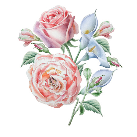 Floral card with flowers. Rose. Calla. Watercolor illustration.の写真素材