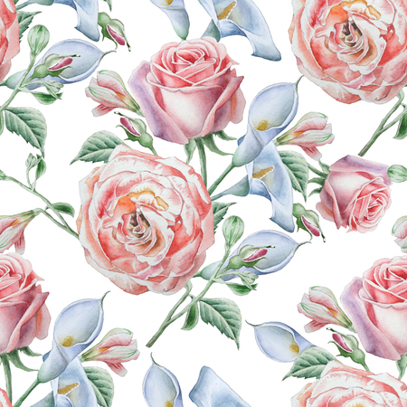Seamless pattern with flowers. Rose. Calla. Watercolor illustration.の写真素材