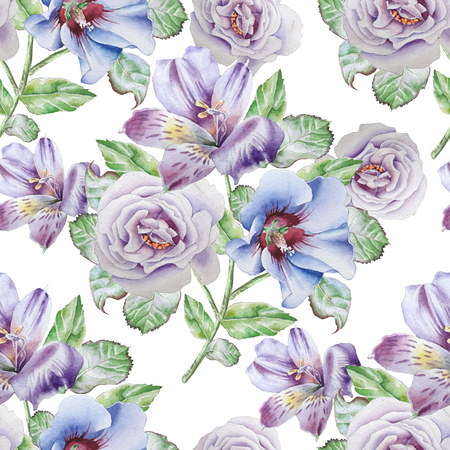 Seamless pattern with flowers. Alstroemeria. Rose. Watercolor illustration.の写真素材