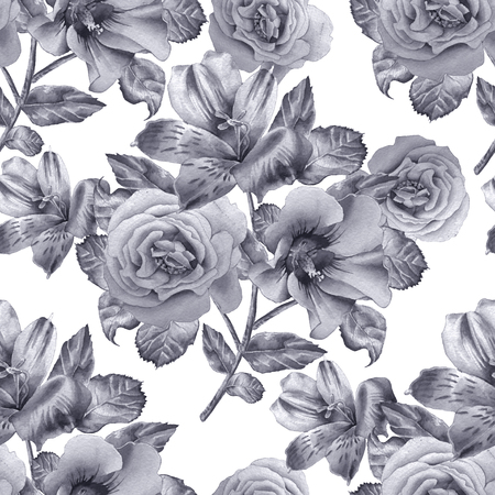 Monochrome seamless pattern with flowers. Alstroemeria. Rose. Watercolor illustration.の写真素材