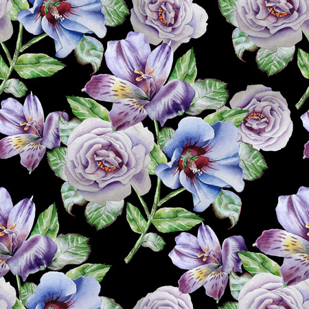 Seamless pattern with flowers. Alstroemeria. Rose. Watercolor illustration.の写真素材