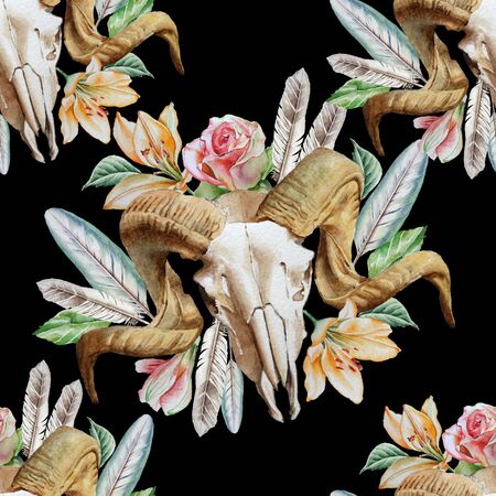 Seamless pattern with skull, flowers and feather. Watercolor. Hand drawnの写真素材