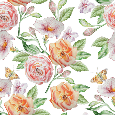 Seamless pattern with flowers. Rose. Butterfly. Watercolor illustration.の写真素材