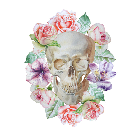 Skull and flowers. Watercolor illustration.の写真素材