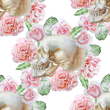 Seamless pattern with skull and flowers. Watercolor illustration.の写真素材