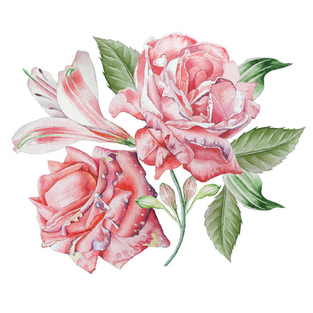 Floral card with flowers. Rose. Alstroemeria. Watercolor illustration.の写真素材