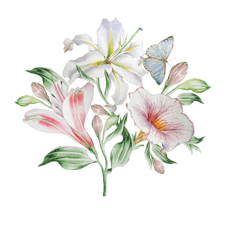 Floral card with flowers. Lilia. Alstroemeria. Butterfly. Watercolor illustration.の写真素材
