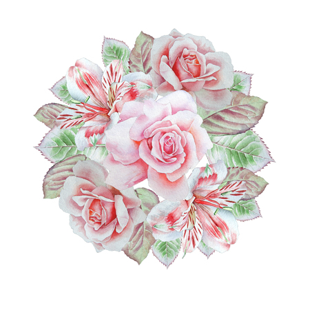 Floral card with flowers. Rose. Alstroemeria. Watercolor illustration.の写真素材