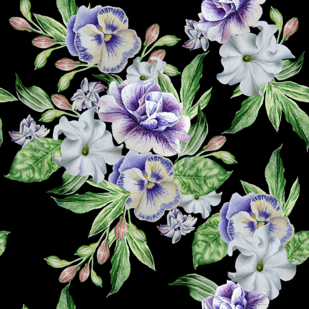 Seamless pattern with beautiful flowers. Petunia. Pansies.の写真素材