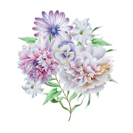 Watercolor bouquet with flowers. Peony. Petunia. Pansies. Hand drawn.の写真素材