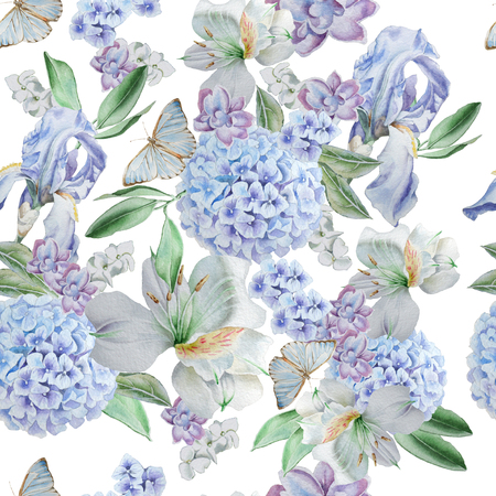 Seamless pattern with flowers. Iris. Alstroemeria. Hydrangea. Butterflies Watercolor illustration Hand drawnの写真素材
