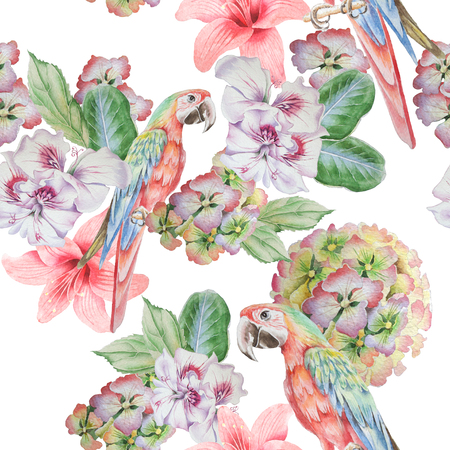 Seamless pattern with parrot and flowers. Watercolor illustration. Hand drawnの写真素材