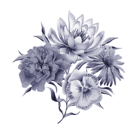 Watercolor bouquet with flowers. Lily. Marigold. Pansies. Hand drawn.の写真素材