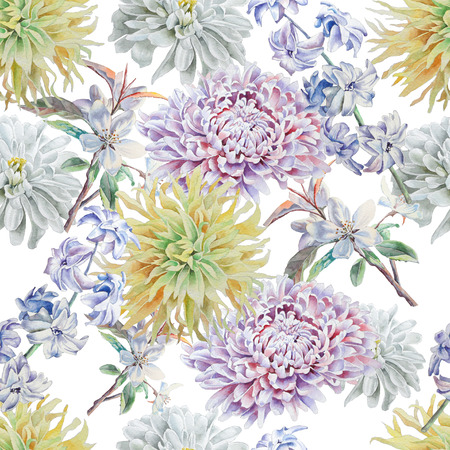 Seamless pattern with flowers. Chrysanthemum. Hyacinth, Peony Watercolor Hand drawnの写真素材