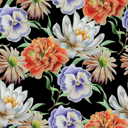 Seamless pattern with flowers. Lily. Marigold. Pansies. Watercolor illustration Hand drawnの写真素材