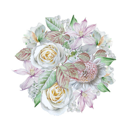 Watercolor bouquet with flowers. Rose. Clematis. Lilia Hand drawn illustrationの写真素材