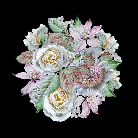 Watercolor bouquet with flowers. Rose. Clematis. Lilia Hand drawn illustrationの写真素材