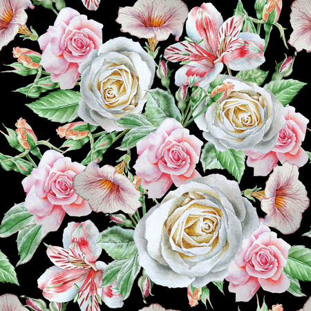 Seamless pattern with flowers. Rose. Alstroemeria. Watercolor illustration Hand drawnの写真素材