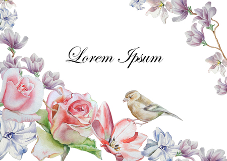 Invitation card with watercolor flowers and bird. Watercolor illustration. Hand drawn.の写真素材