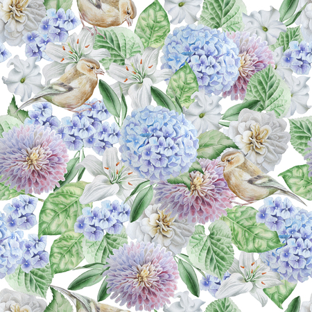 Seamless pattern with birds and flowers. Hydrangea. Rose. Lily. Petunia. Watercolor illustration Hand drawnの写真素材