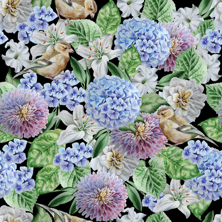 Seamless pattern with birds and flowers. Hydrangea. Rose. Lily. Petunia. Watercolor illustration Hand drawnの写真素材