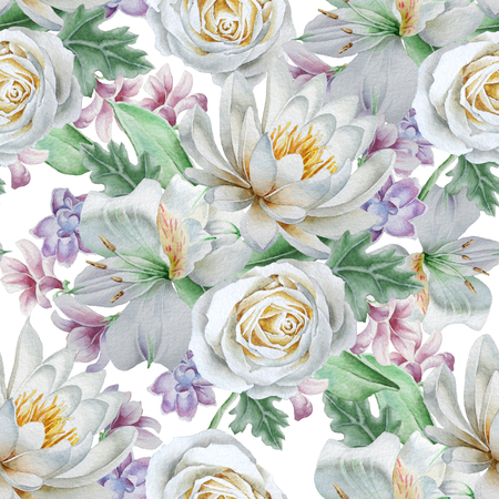 Seamless pattern with flowers. Rose. Lily. Alstroemeria, Watercolor illustration Hand drawnの写真素材