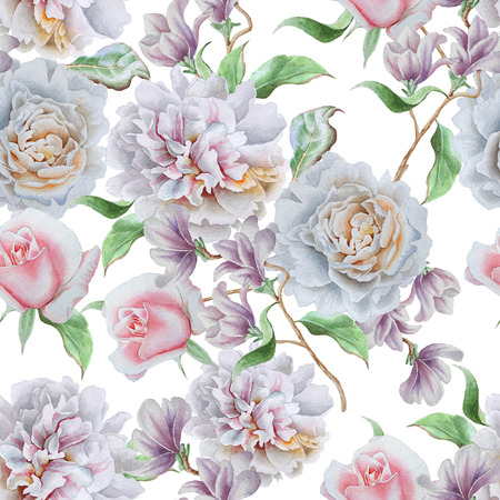 Seamless pattern with flowers. Rose. Peony. Watercolor illustration. Hand drawn.の写真素材