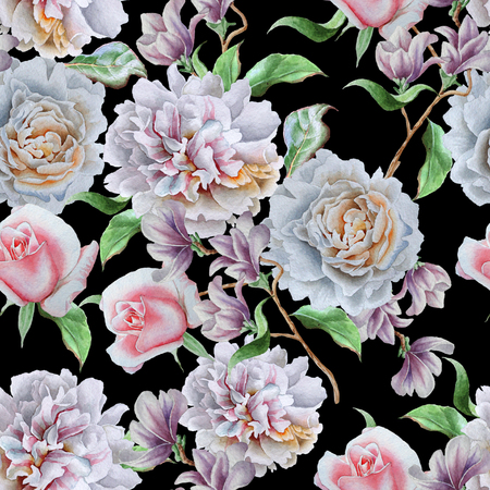 Seamless pattern with flowers. Rose. Peony. Watercolor illustration. Hand drawn.の写真素材