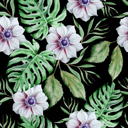 Seamless pattern with flowers. Monstera. Anemone. Watercolor illustration. Hand drawn.の写真素材