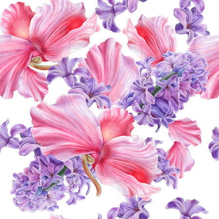 Seamless pattern with flowers. Hyacinth. Cyclamen. Watercolor illustration. Hand drawn.の写真素材
