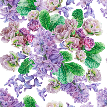Seamless pattern with flowers. Viola. Hyacinth. Watercolor illustration. Hand drawn.の写真素材