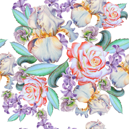 Seamless pattern with flowers. Rose. Iris. Hyacinth.  Watercolor illustration. Hand drawn.の写真素材